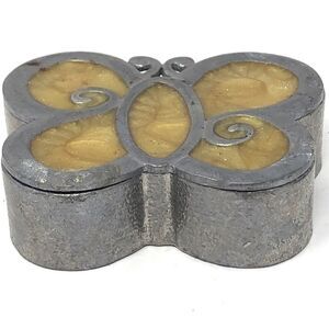 Hand Crafted Butterfly Trinket Stash Box Pewter & Stained Glass Made In USA Boho